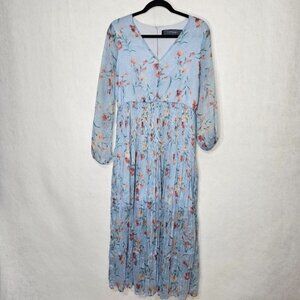 Code Mode Blue Floral Accordion Pleated Midi Dress Medium